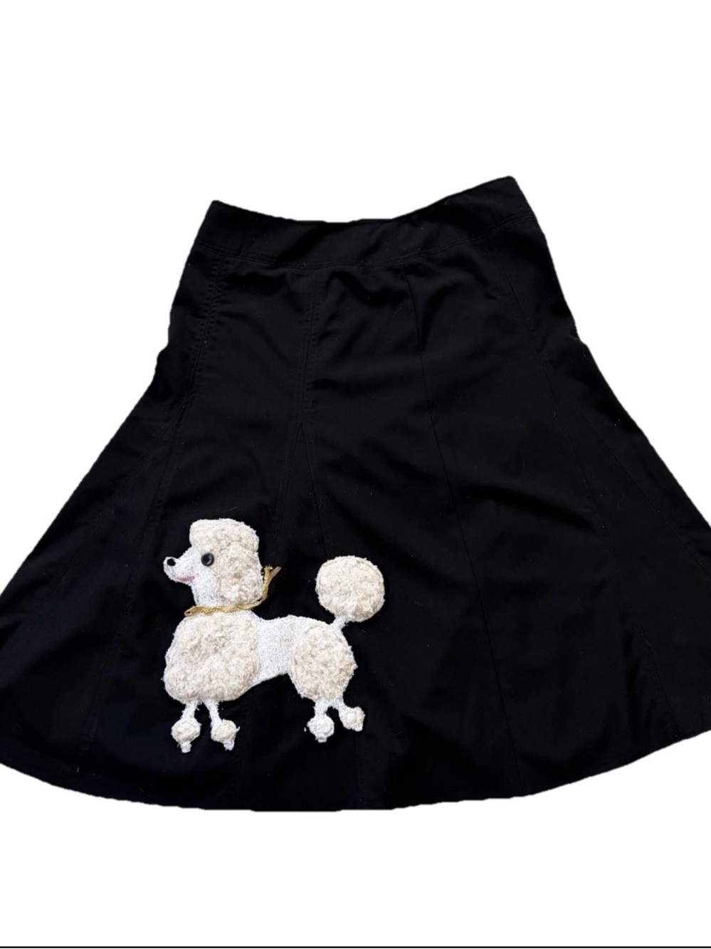 SANDRO Sportswear black A-line pleated knee length Skirt sz 10 poodle appliqué